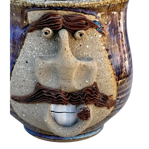 Handcrafted Thrown Ceramic Mug Whimsical Face with Cigar Stamped UR on bottom - Picture 3 of 16